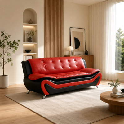 76" Living Room Sofa, Faux Leather 3 Seater Sofa with Deep Seat & Tufted Design for Home Apartment, Red
