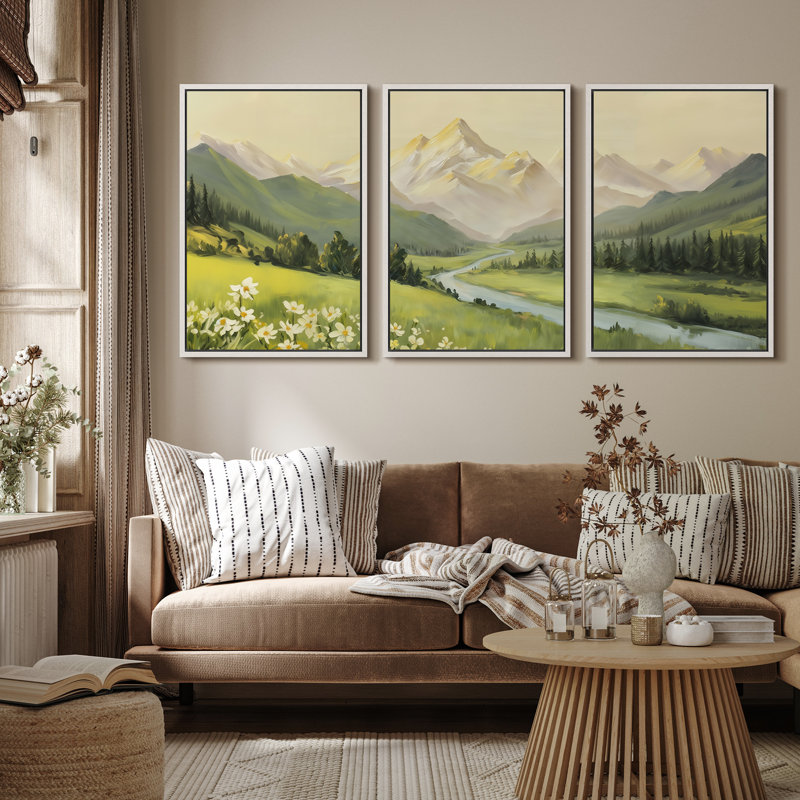 «Golden Mountain Valley with River and Wildflowers», reproduction d'art sur toile encadrée 3 pièces, Cadre blanc