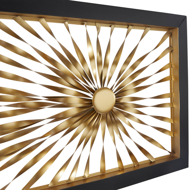 Décoration murale dorée à ruban enroulé en métal doré avec cadre noir Sunburst