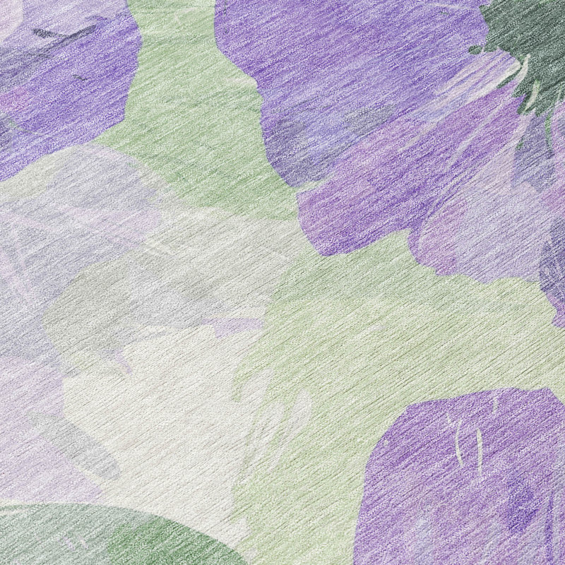 Lavender and Green Floral Washable Synthetic Area Rug