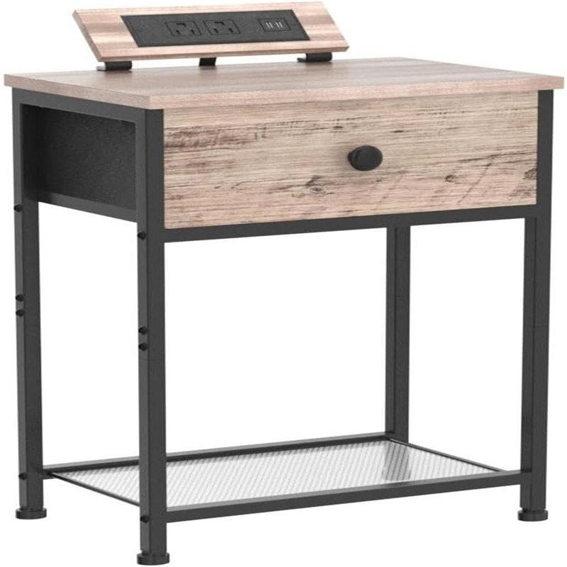 Ensemble de 2 tables de chevet industrielles brunes rustiques avec station de charge et rangement pour tiroirs, Gris / noir