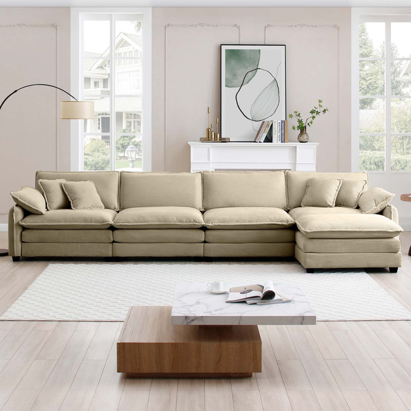 Canapé avec un repose-pieds, Velours côtelé kaki, H 33,85 po x l 150,38 po x P 34,25 po
