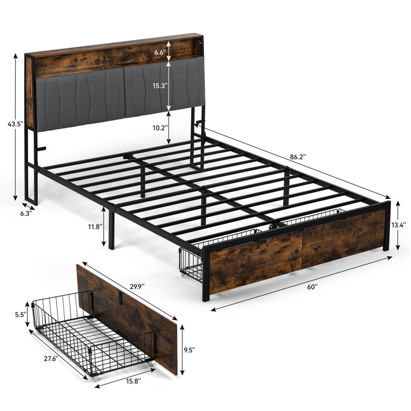 Bed Frame with Storage Headboard, Metal Platform Bed Frame with 2 Footboard Drawers, Built in Charging Station & LED, Noise-Free/Metal Support/No Box Spring Needed,
