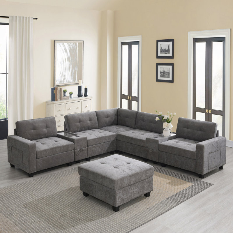Canapé modulaire de 104 po avec plateau en acrylique, ensemble de canapé en U en chenille avec 2 consoles, chargeur USB, tiroirs et poches de rangement, repose-pieds mobile, canapé capitonné, appartement