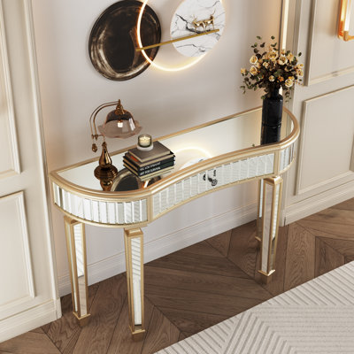 Console 47 po à miroir en demi-lune avec tiroir en verre cannelé et poignées en cristal