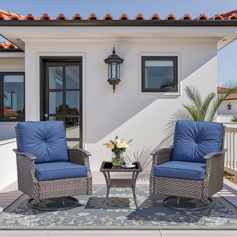 Brown Wicker 3-Piece Patio Set with Blue Cushions and Side Table