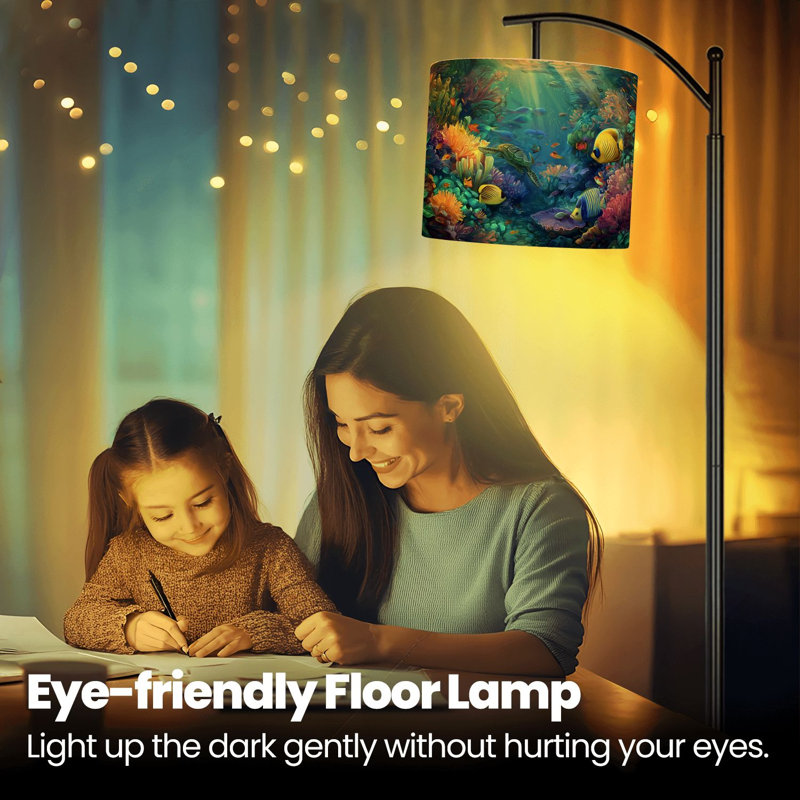 Lampe sur pied arc avec abat-jour réglable tortue de mer, décoration murale, poisson coloré, corail, dauphin, océan, lampe sur pied, 3 températures de couleur, intensité variable, grand mât avec interrupteur au pied