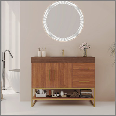 Meuble-lavabo moderne de 36 pouces avec lavabo en céramique sans soudure et accents dorés, idéal pour les salles de bain luxueuses et peu encombrantes.