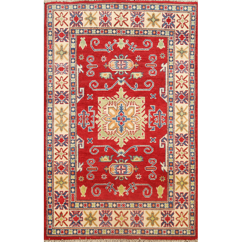 Tapis géométrique rouge / beige / bleu en laine noué à la main 3 pi 3 po x 4 pi 10 po