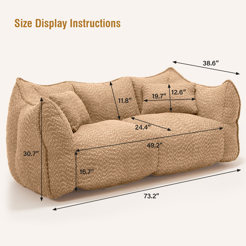 Compressed Sofa, Two-Seat Bean Bag Sofa With Pillows And Armrests For Bedroom Living Room, Coffee Brown Fabric