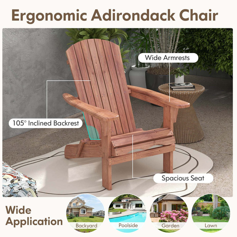 Costway Folding Adirondack Chair Set Of 4 With High Backrest & Wide Armrests Wooden, Brown