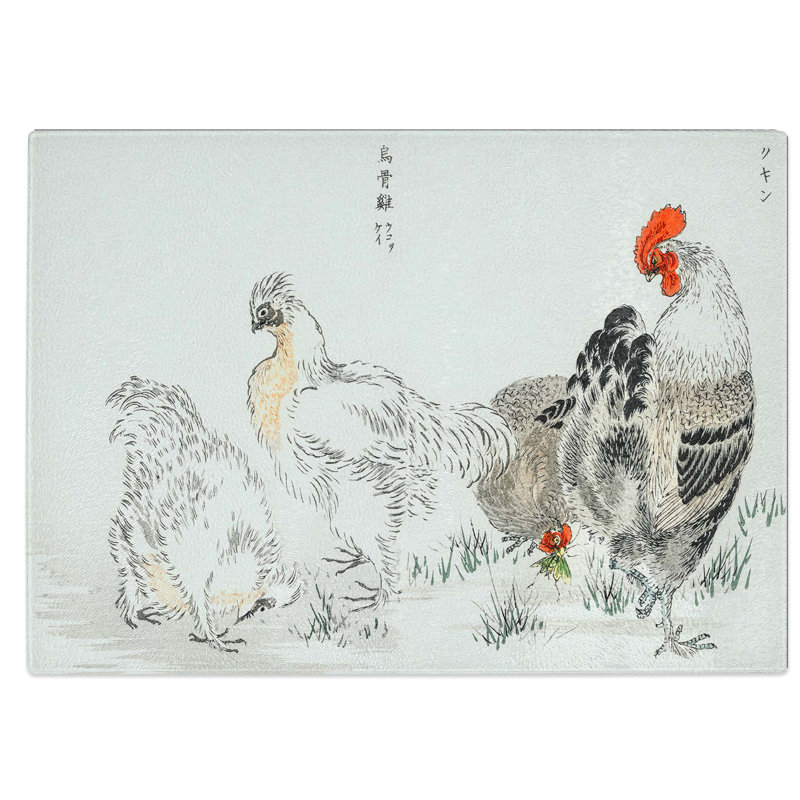 Tempered Glass Cock and Hens Chopping Board, 39 cm W x 28.5 cm L