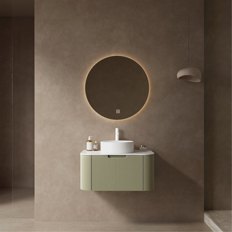 Meuble-lavabo 30 po avec lavabo, meuble-lavabo rayé avec tiroir, lavabo rond en céramique blanc sans robinet, vert clair pré-assemblé