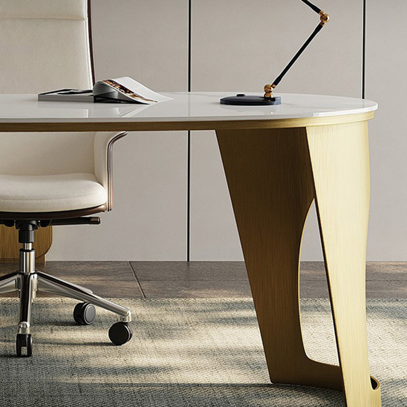 Blanc + beige-blanc + pierre frittée courbée dorée + bois manufacturé + acier inoxydable avec bureau à 3 tiroirs