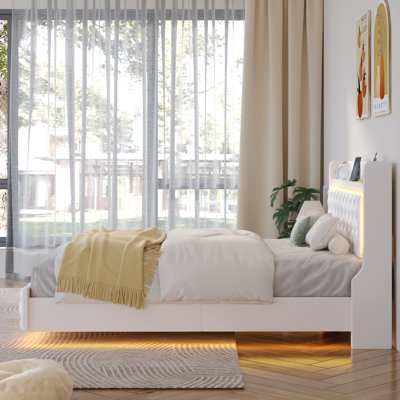 Floating Full Bed Frame With LED Light, Upholstered Platform PU Leather Bed With Charging Station & Wingback, Diamond Tufted Storage Headboard & Footboard, No Box Spring Neede