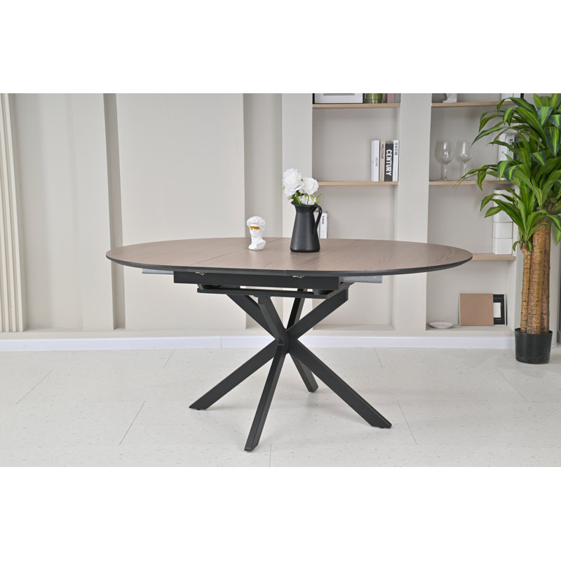 Deebora 160 cm Extendable Round Dining Table with Steel Base, Brown Wood