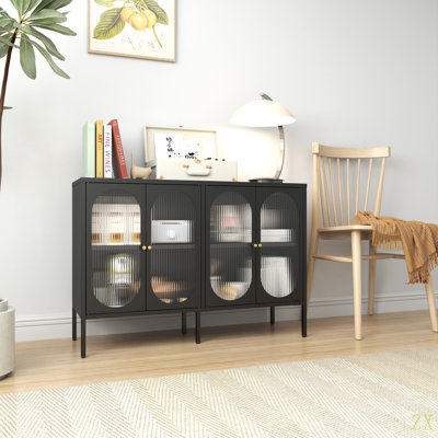 Buffet en métal avec 4 portes en verre, buffet en acier avec armoire, buffet avec 4 portes, armoire de rangement pour la cuisine, salon et bar