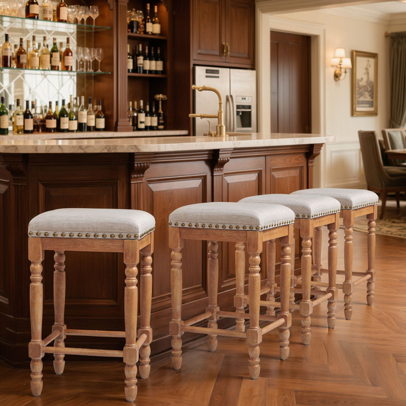 Bar Stools for Kitchen Island & Dining Room, Solid Wood Backless Counter Stools with Linen Upholstery, Nailhead Trim and Rustic Frame for Home Bar