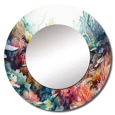 Grohs Vibrant Coral Reef III - Beach Decorative Wall Mirror, Orange Round Mirror, Printed Metal Art