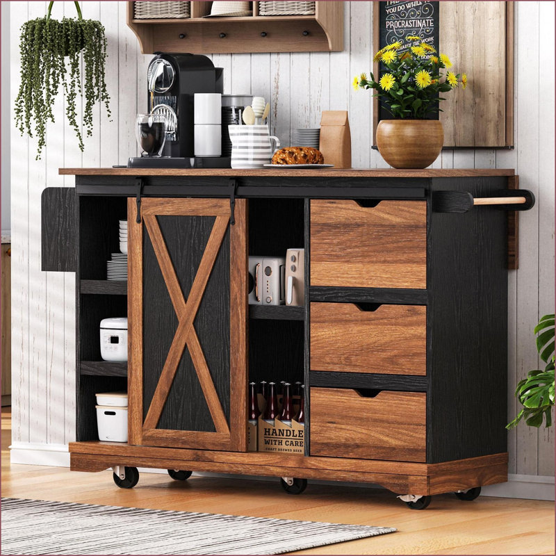 Kitchen Island – 55.5” Farmhouse Rolling Cart with Drop Leaf, Storage &amp; Power Outlet – Black | Farmhouse | Medium (40-55in)