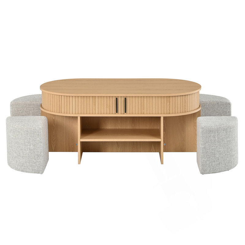 Multi-Functional Oval Coffee Table with Storage and Fabric Stools