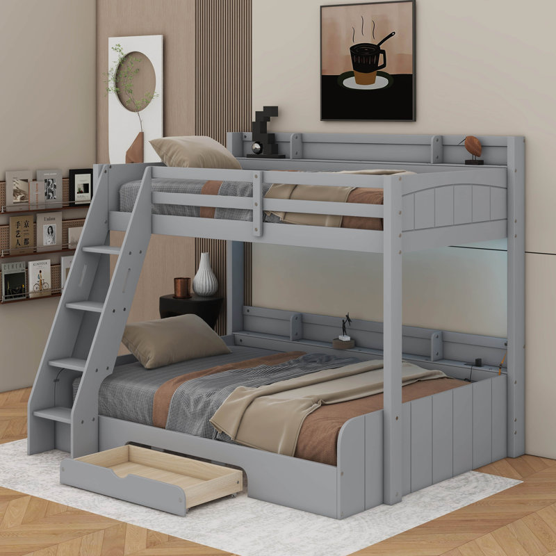 Twin Over Full Bunk Bed With Storage Shelves, LED, Charging Station And A Drawer, Gray