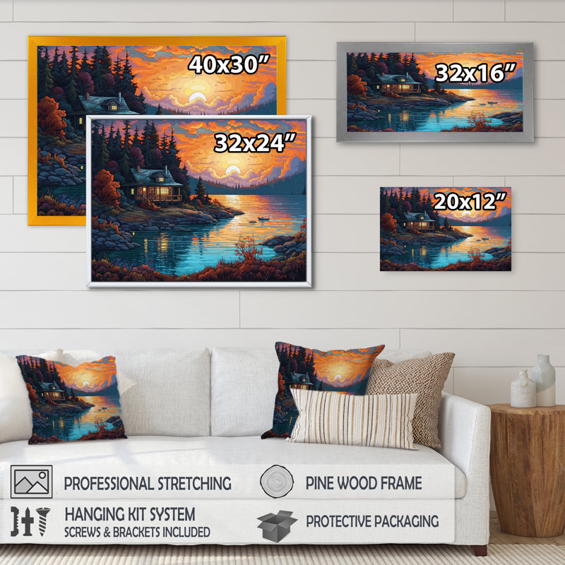 «Rumina Autumn Sunset Cottage III», reproduction sur toile, Cadre photo noir, H 12 po x l 20 po x P 1 po