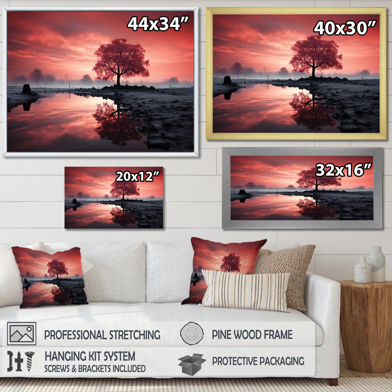 «Silent Raspberry Tree Reverie Landscape I», reproduction sur toile, Cadre simple argenté, H 30 po x l 40 po x P 1,5 po