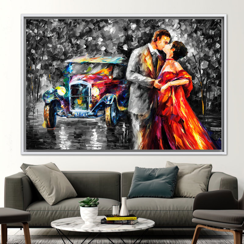 Art romantique sur toile d'un couple qui s'embrasse avec une voiture - Décoration murale pour couple, H 30 po x l 41 po