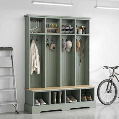 77" Hall Tree with Bench and Storage Cabinets, 8-Hook Farmhouse Entryway Coat Rack
