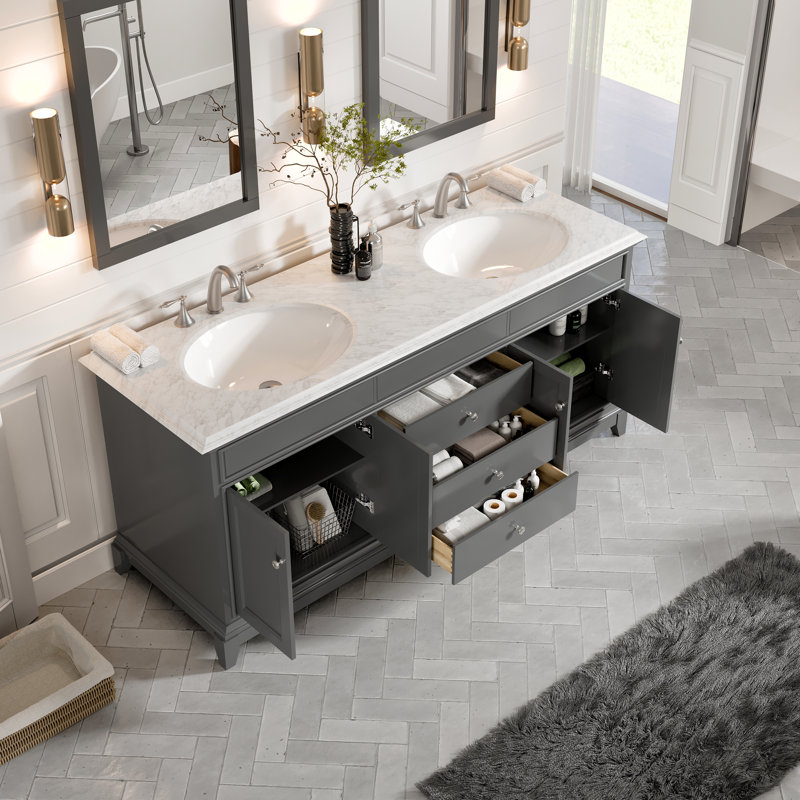 Gray Marble Double Sink Freestanding Bathroom Vanity