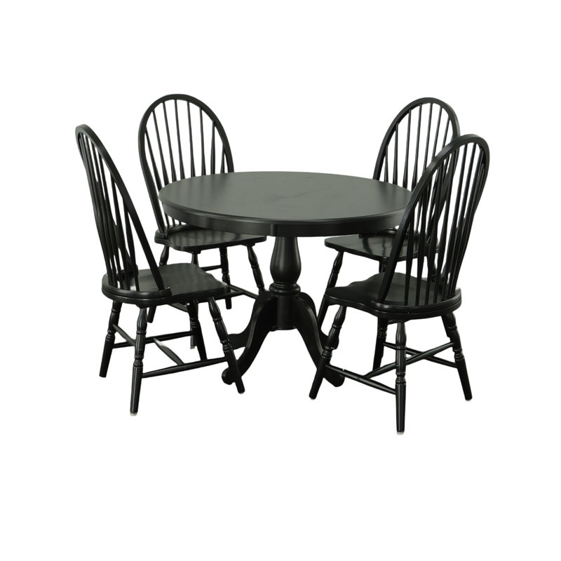 Fairview Pedestal Dining Table With Windsor Dining Chairs, Antique Black, 30" H x 42" L x 42" W, 5 Pieces: Table, 4 Chairs