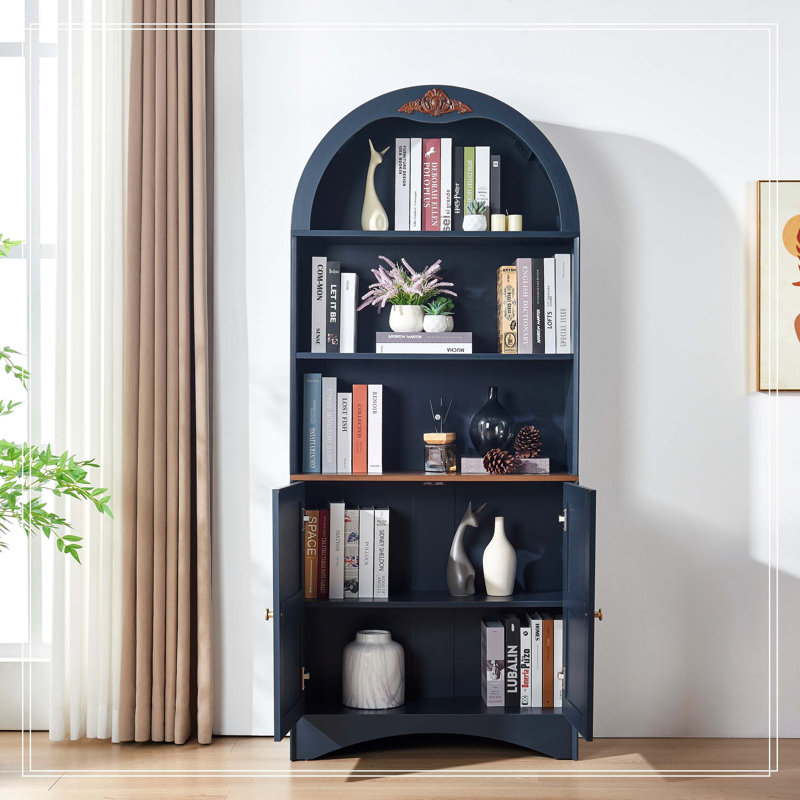 Armoire de rangement arquée avec appliques décoratives, buffet en panneau de fibres à densité moyenne anti-égratignures, tablettes et charnières réglables, sangle anti-basculement, armoire à vin de rangement autoportante pour le salon et la salle à manger