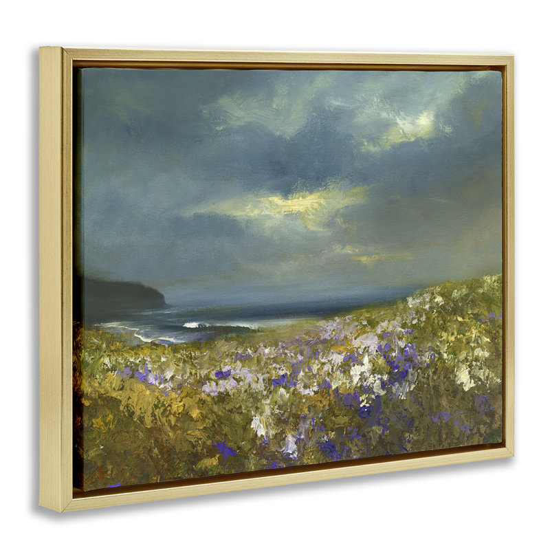 "Flowers By Stormy Beach", art mural encadré par Sheila Finch, Cadre flottant métallique doré, H 17 po x l 21 po