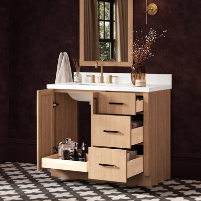 Meuble-lavabo rectangulaire simple décalé à gauche de 43 pouces avec comptoir en quartz blanc pur de 1,5 pouce et finition chêne naturel