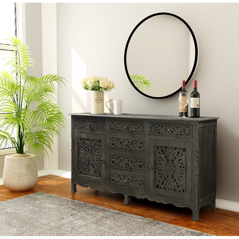 Harleen 6 Drawer 65" W Solid Wood Combo Dresser, Black