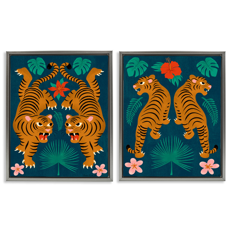«Twin Jungle Tigers», ensemble de 2 toiles flottantes encadrées par Carrie Cantwell, H 31 po x l 25 po