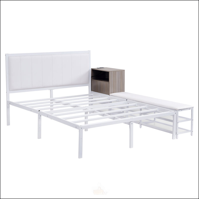 Lit plateforme double en métal avec tablettes de rangement à deux niveaux, Double, Blanc