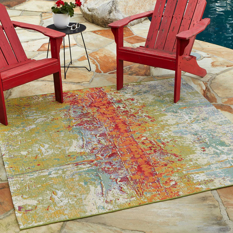 Tapis d'intérieur / extérieur multicolore à motif abstrait Trona, Carré 10 pi