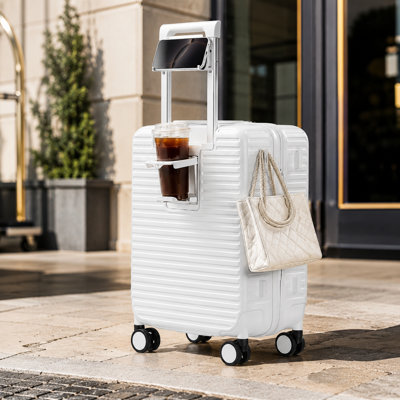 20-Inch White Top-Opening Expandable Carry-On, Hard Shell with Cup Holder, Spinner Wheels, TSA Lock, Airline-Approved 22x14x9 Dimensions for Easy Travel