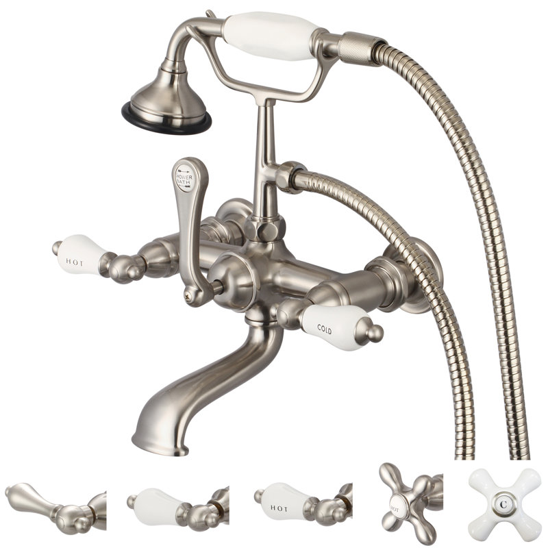 Stonington 2 Handle Wall Clawfoot Tub Faucet with Diverter, Porcelain Cross Handles, Brushed Nickel