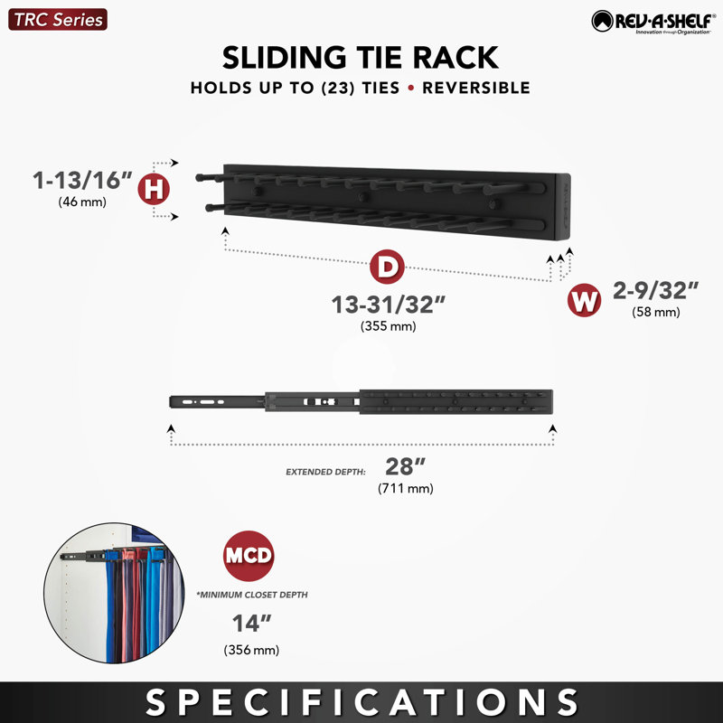 Sliding Tie Rack For Custom Closet Systems, 1.88" H x 2.5" W x 14" D