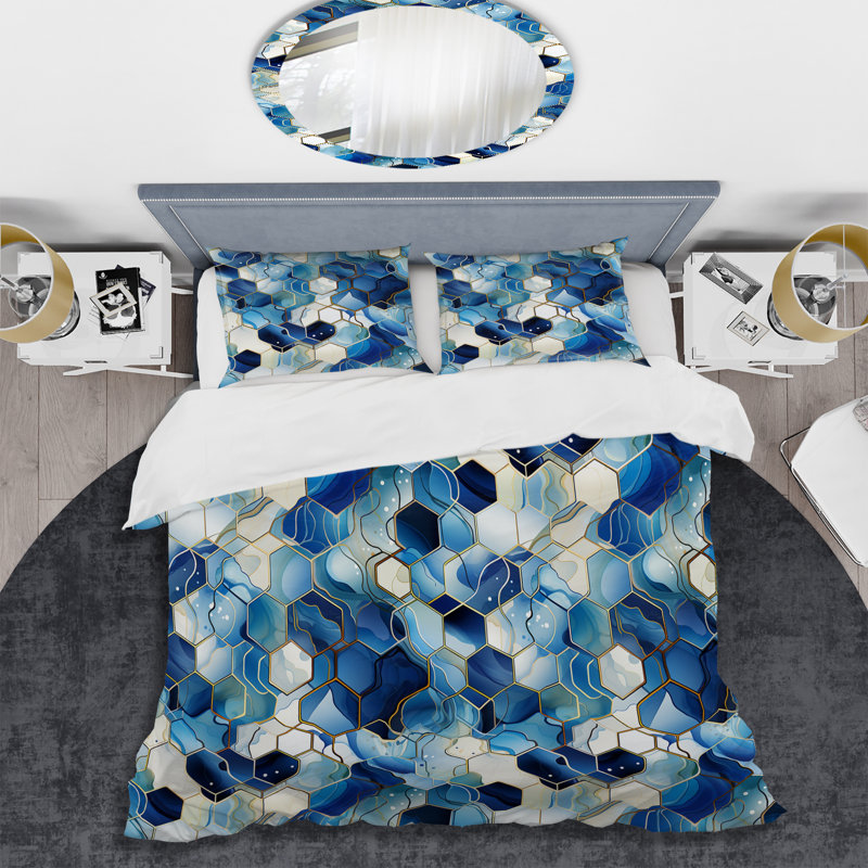 White And Blue Hexagons Dreams II - Ensemble de housse de couette géométrique