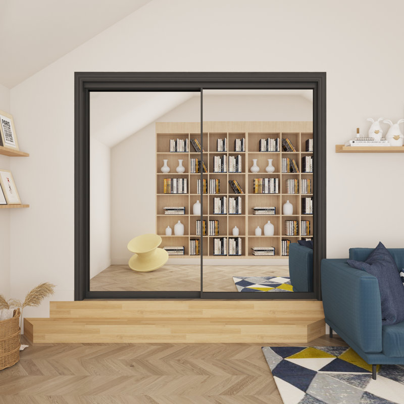 Porte coulissante en miroir trempé à cadre noir H 80 po avec quincaillerie, 72 po x 80 po, Miroir