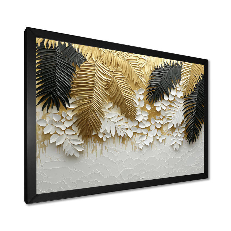 «Cordis Golden Plams Midnight Collage I» - art mural palmiers et palmiers, H 12 po x l 20 po, Noir, noir, noir, noir