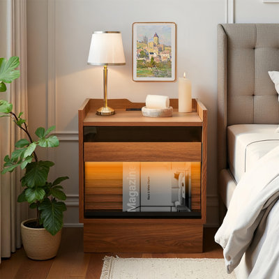 Table de chevet moderne Mid-Century avec station de charge et lumières DEL, table de chevet avec 2 tiroirs, tables de chevet / table de bout pour chambre à coucher ou salon