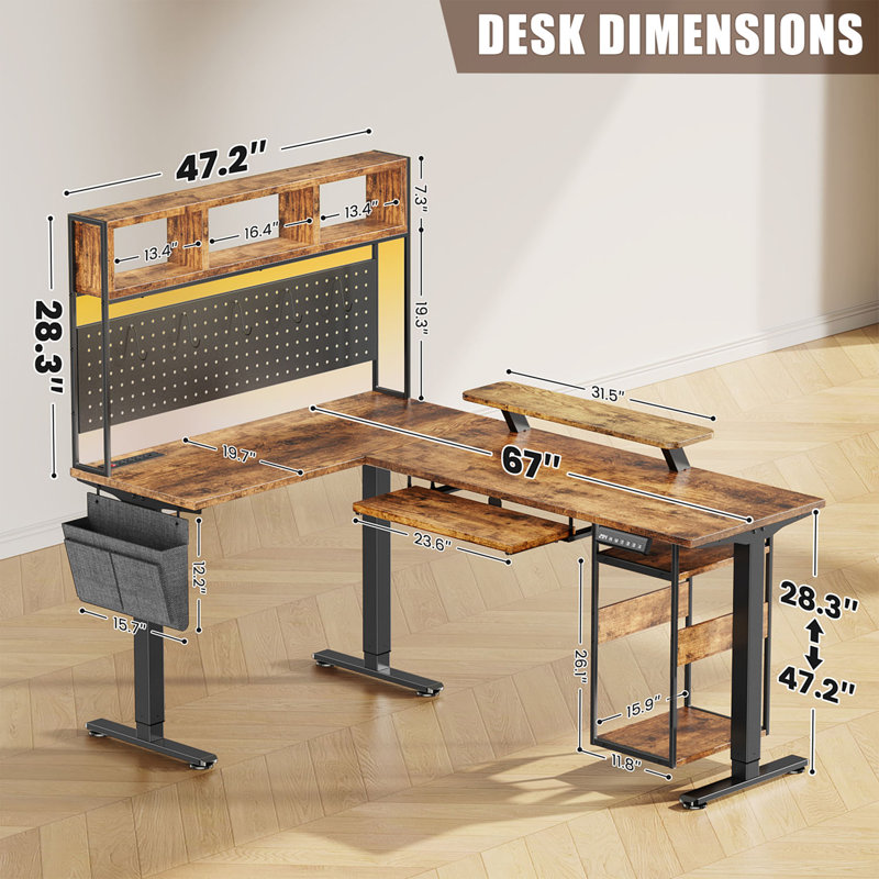 Bureau debout à hauteur réglable en forme de L avec lumières à DEL et prise de courant, avec rangement, Brun café / noir