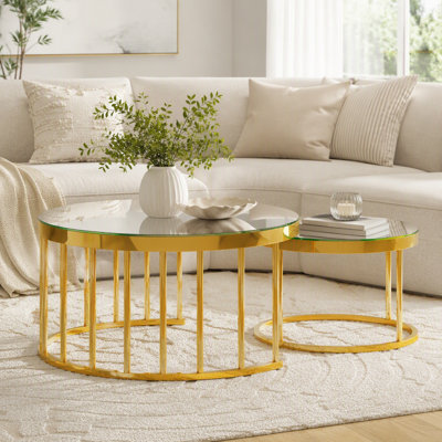 Round Nesting Coffee Table Set of 2, Modern Gold Metal Frame Circular Cocktail Table, Glass Top Accent Nesting Tables for Living Room, Apartment