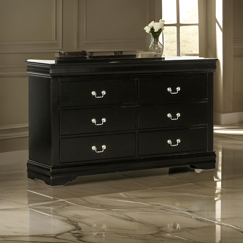 Grande commode Ryla, 6 tiroirs, poignées en métal nickelé, bois massif noir
