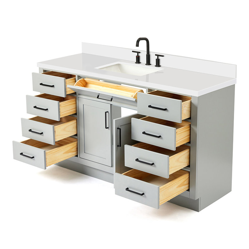 Meuble-lavabo simple en bois massif Tidworth avec plateau en quartz blanc de 1,5 po, Gris, Forme rectangulaire
